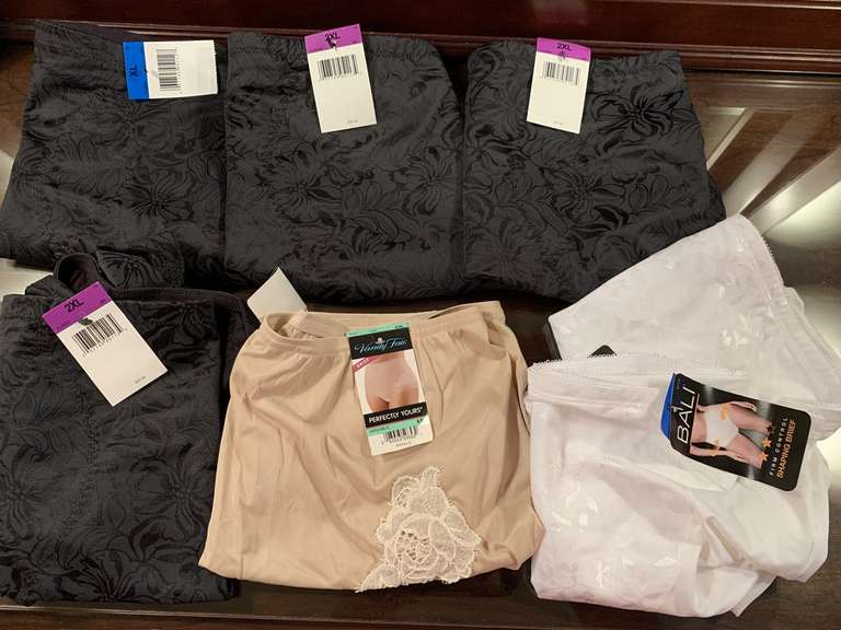 7 NEW PAIR LADIES PANTIES - 2 PAIR XL WHITE BALI SHAPING BRIEFS, 1 XL/8 VANITY FAIR PANTIES, 3 PAIR SIZE 2XL BLACK BALI SHAPING BRIEFS & 1 XL BLACK BALI SHAPING BRIEFS- UP MASTER BED image