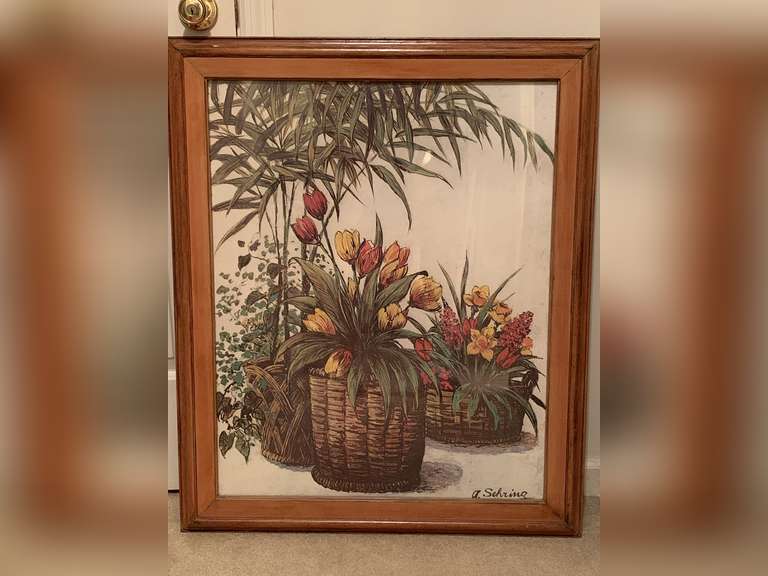 A. SEHRING ART PRINT "TULIP TIME" IN HEAVY SOLID OAK FRAME 29 1/4" X 35 1/2" - UP HALLWAY image
