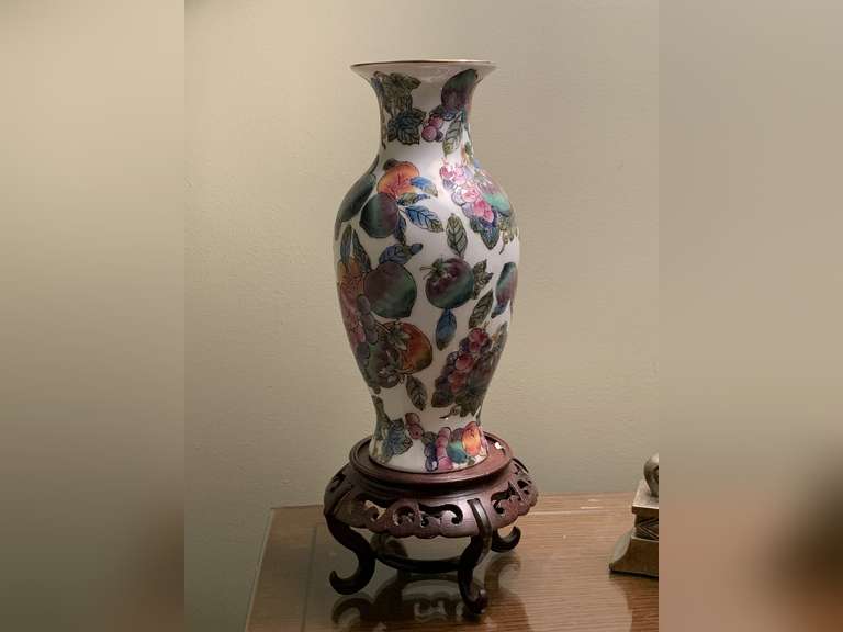 CHINESE FRUIT PATTERN VASE 10 1/2" TALL ON VINTAGE CARVED CHINESE WOODEN STAND 3 3/4" TALL - UP BED 2 image