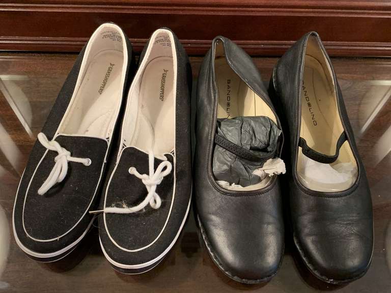 GRASSHOPPER BLACK CANVAS SHOES SIZE 9M (GENTLY WORN) & BANDOLINO BLACK LEATHER FLATS SIZE 8 1/2M (GENTLY WORN) - UP MASTER BED image