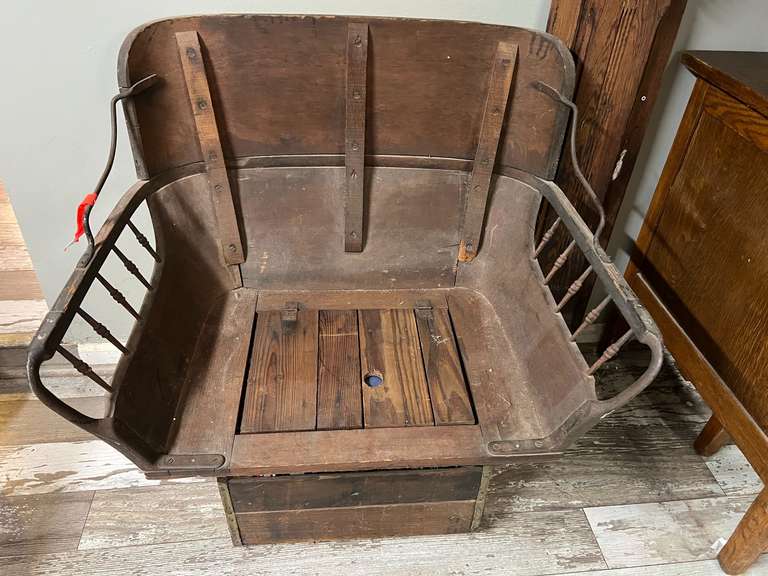 DEN… Antique buggy seat resting on a vintage wooden crate from Cherokee products in Haddock Ga, see pictures for details. image