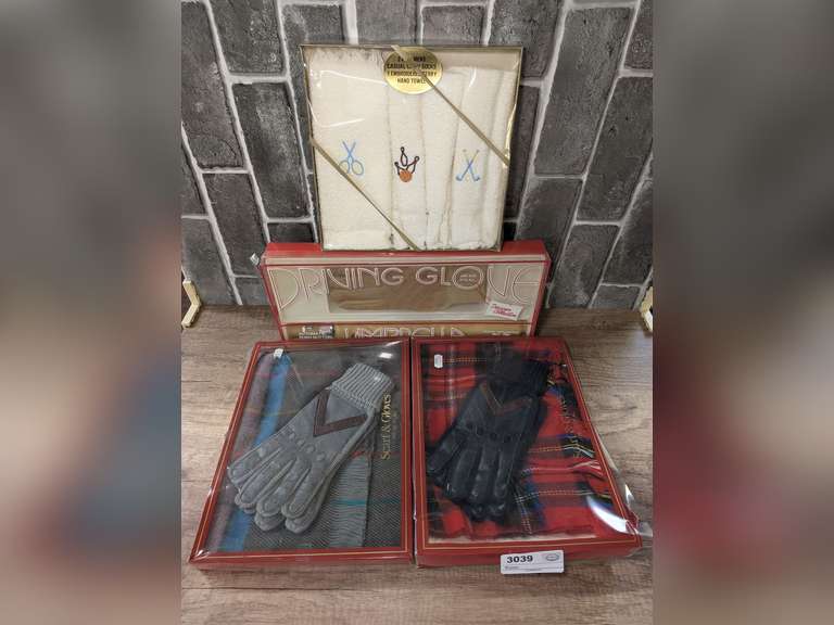 VINTAGE DRIVING GLOVE AND UMBRELLA SET, MEN'S CASUAL CREW SOCKS AND EMBROIDERED TERRY HAND TOWEL SET, AND PAIR OF SCARF AND GLOVE SETS IN ORIGINAL BOXES image