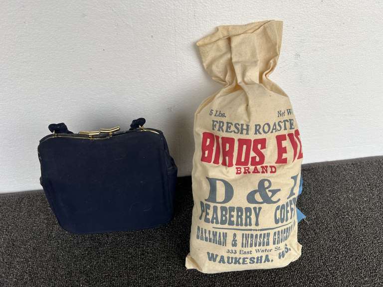 Vintage looking, Birds Eye brand coffee bag, also includes a vintage ladies handbag, see pictures for details. image