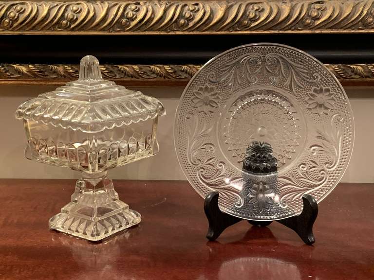 VINTAGE JEANETTE GLASS FOOTED SQUARE CANDY DISH 7" TALL & VINTAGE INDIANA GLASS TIARA CLEAR DESSERT PLATE 6" ROUND W/ STAND - DINING ROOM image