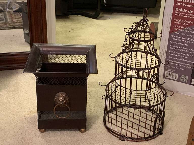 WIRE BIRD CAGE 16" TALL X 8" ROUND & METAL PLANTER WITH LIONS HEAD DECOR 9 3/4" TALL X 8 1/2" SQUARE - UP BED 1 image