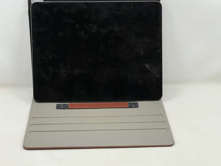 DEN… iPad, model A1876, comes with cover, working condition unknown, screen has a couple of cracks, see pictures for details. image