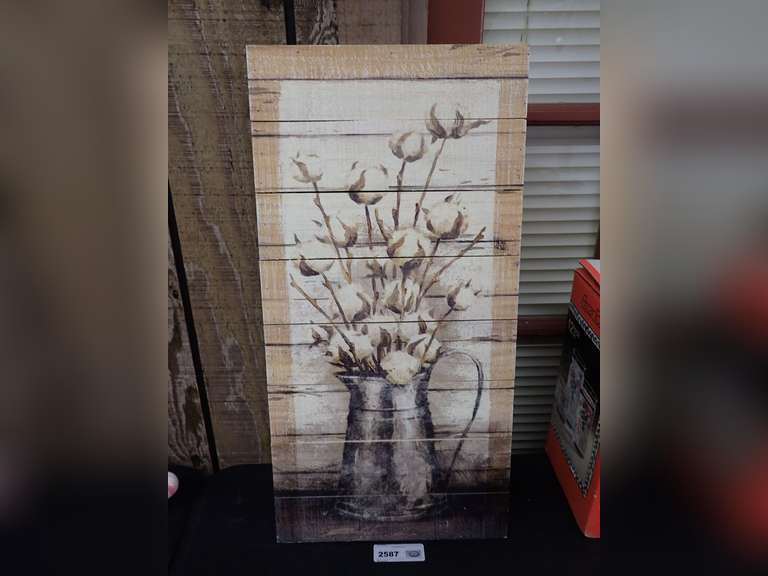 Cotton Stalks in Pitcher Decorative Wood Wall Art image