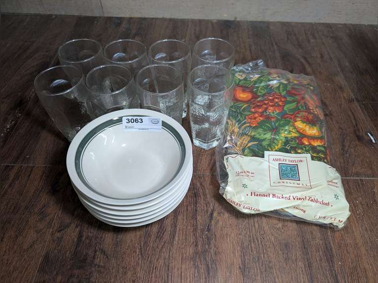 STONEWARE BOWLS, ICED TEA GLASSES, AND ASHLEY TAYLOR CHRISTMAS FLANNEL BACKED VINYL TABLECLOTH IN ORIGINAL PACKAGE image