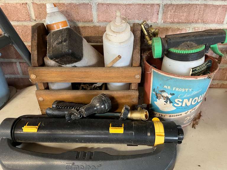 Assorted outdoor items to include a sprinkler, how is attachment, plant feeder, vintage looking bucket, and more. See pictures for details. image