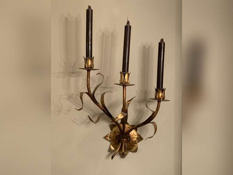 GILDED GOLD 3 ARM CANDLE WALL SCONCE 13" WIDE X 23" TALL W/ CANDLES - DINING ROOM image