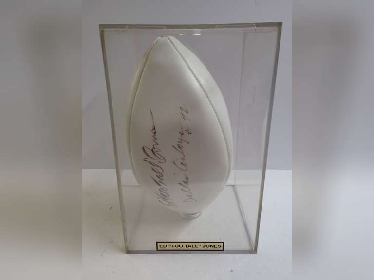 Signed Ed "Too Tall" Jones Dallas Cowboys Football with Display Case image