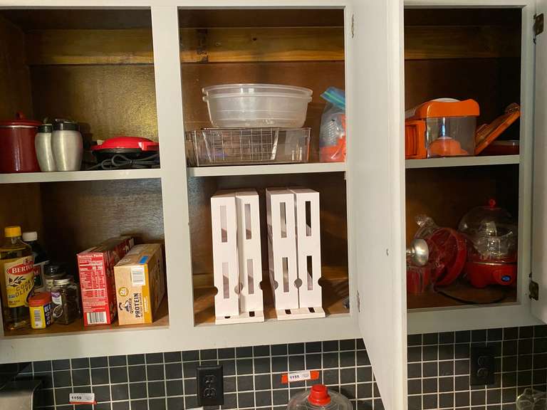 KIT…Upper cabinet lot marked 1145, includes all content of upper cabinets from corner to end of microwave, please see markings. Items include assorted kitchenware, see pictures for details. image
