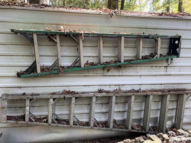 3 METAL LADDERS (ONE NOT PICTURED - ON OTHER SIDE OF SHED) - BACKYARD image