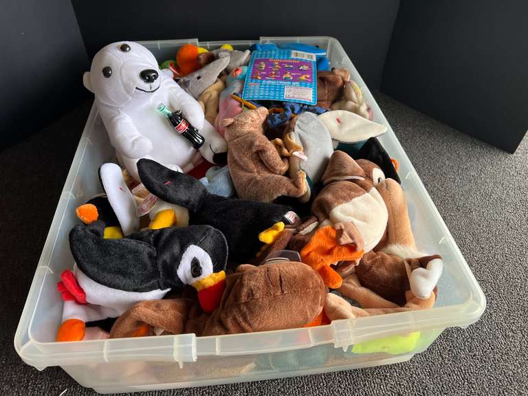 Storage tub of assorted beanie babies, and more. See pictures or details. image