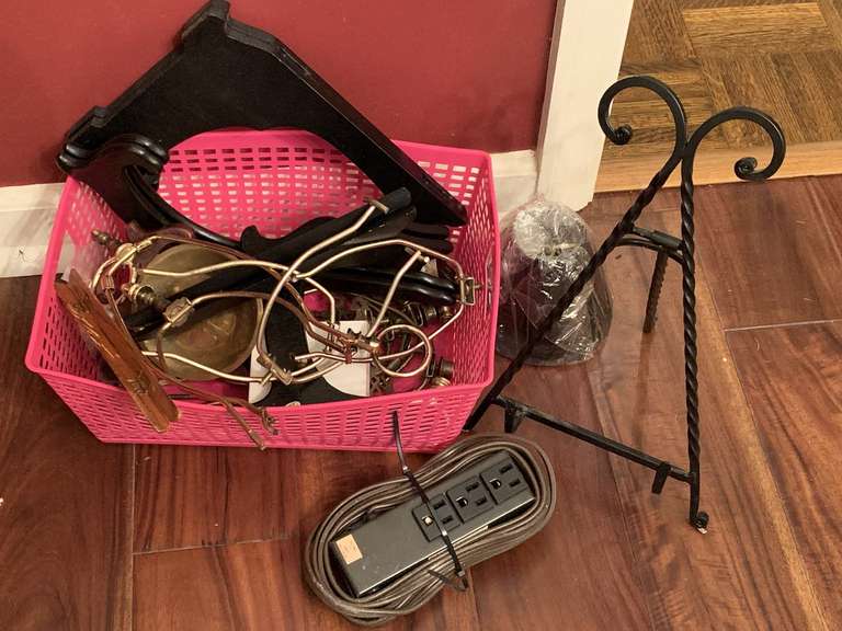 CONTAINER FULL OF ASSORTED PLATE STANDS & LAMP PARTS - DINING ROOM image