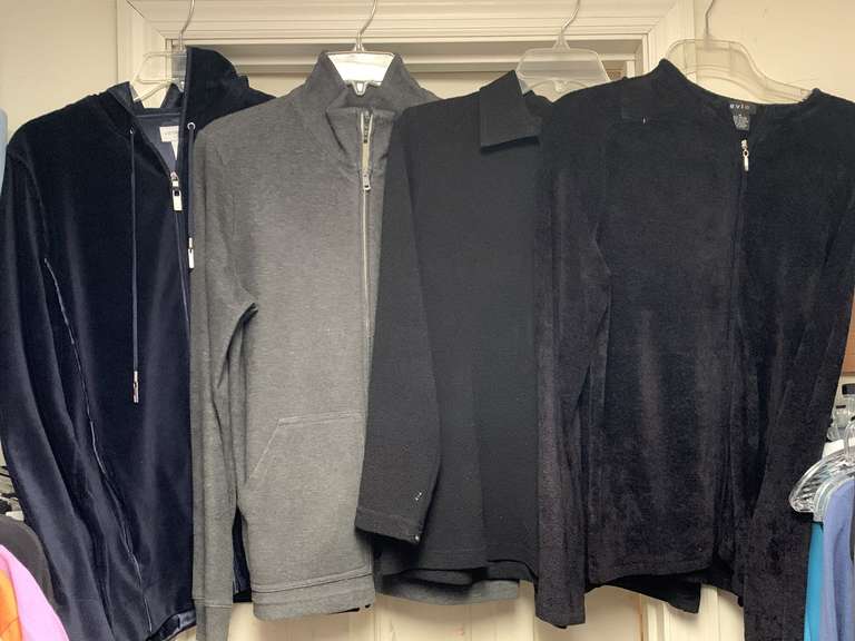 4 LADIES JACKETS - SIZE MEDIUM (1 HOODIE LIZ CLAIBORNE NEW W/ TAG, RALPH LAUREN FLEECE ZIP UP, JKLA ZIP UP SWEATER, EVIE ZIP UP SWEATER) - UP MASTER BED image