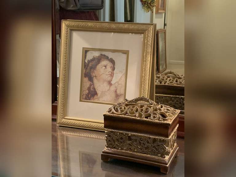 HEAVY RESIN DECORATIVE COVERED BOX 8 1/2" LONG X 5 1/2" DEEP X 8 1/2" TALL & NICELY FRAMED/MATTED GREEK ART PRINT 15X17 - UP MASTER BED image