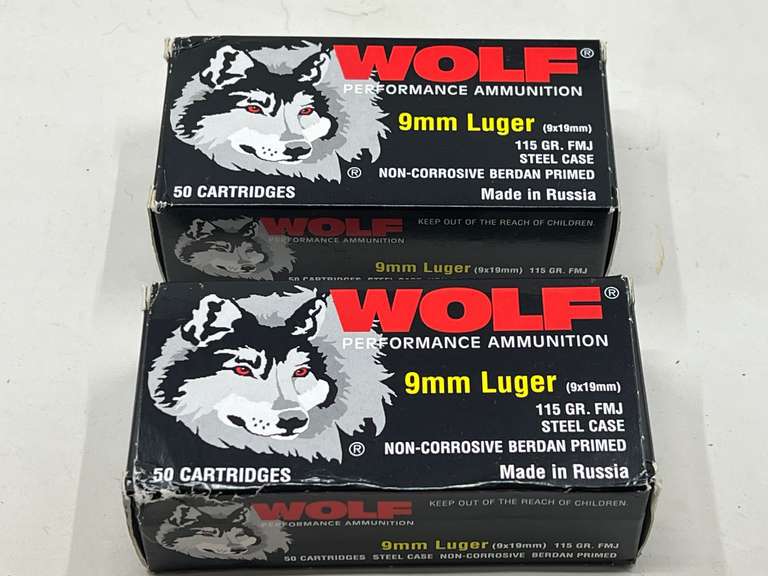 DEN… Wolf 9 mm Luger, 115 grain ammunition. Two boxes, tub is not included, see pictures for details. image