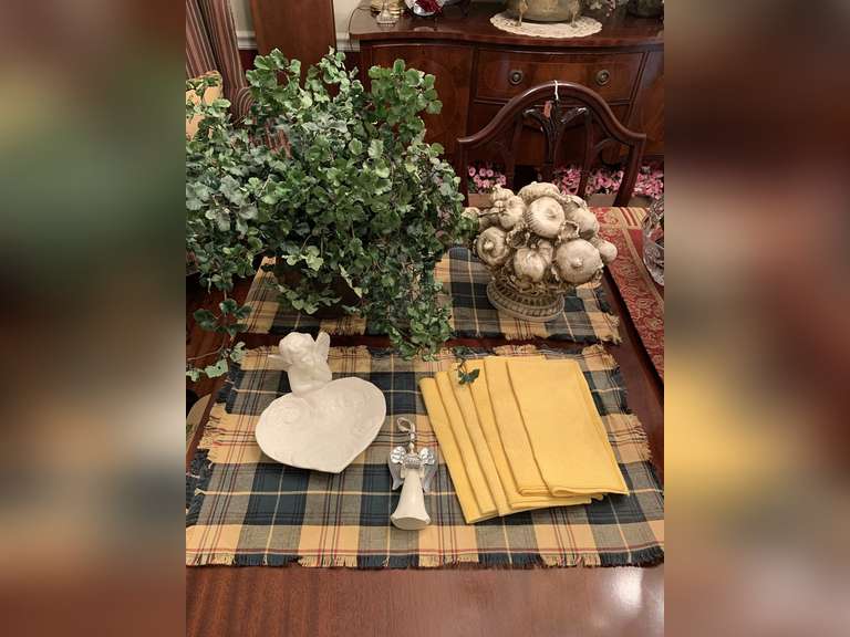 2 YELLOW PLAID PLACEMATS & MATCHING TABLE RUNNERS, 6 YELLOW NAPKINS, FRUIT TOPIARY SYROCO DECOR 10" LONG X 9" TALL, COPPER METAL PLANTER W/ SILK GREENERY & MORE - DINING ROOM image
