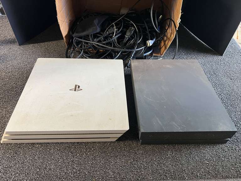 Sony PlayStation 4, and Xbox one X console, box contains multiple cords, working condition unknown, see pictures for details. image