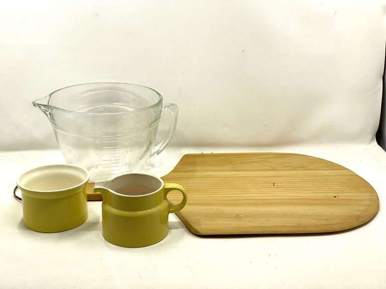 KIT…Vintage sugar and creamer set, 2 quart glass mixing bowl/measuring cup, and paddle type cutting board, see pictures for details. image