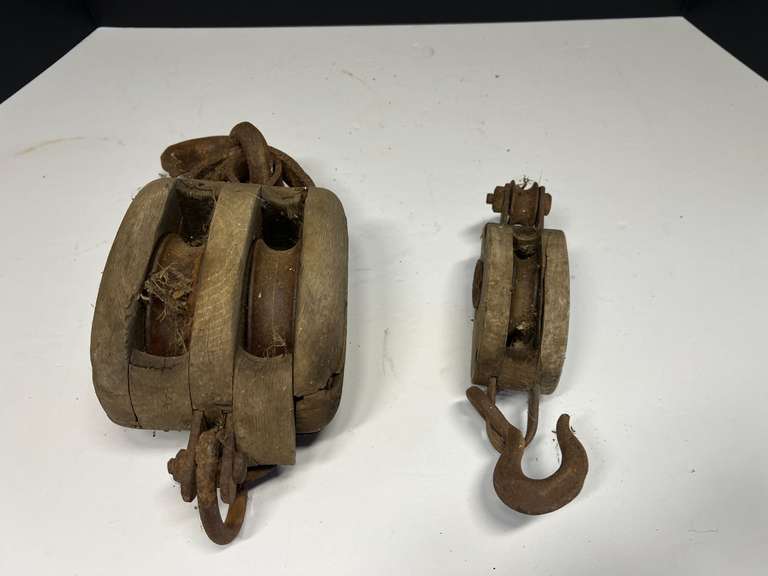 Antique wooden block and tackle pulleys, two pieces, see pictures for details. image
