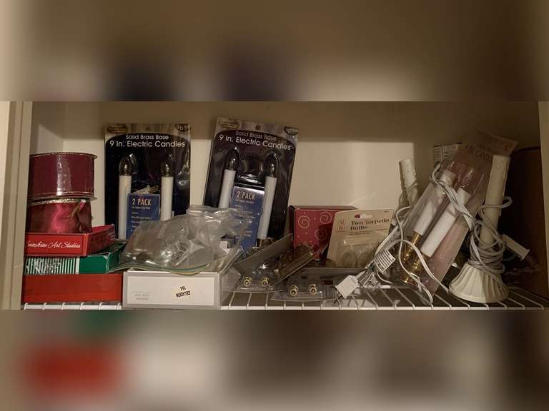 SHELF LOT OF ELECTRIC CANDLES, BULBS, RIBBON & MORE - UP HALL CLOSET image
