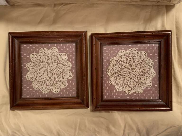 PAIR OF VINTAGE LACE FRAMED DOILIES 6 1/2" SQUARE - UP BED 2 image