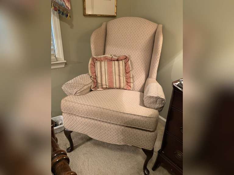 VINTAGE UPHOLSTERED WING CHAIR BY SHUFORD FURNITURE CO & 1 STRIPED THROW PILLOW - UP BED 2 image