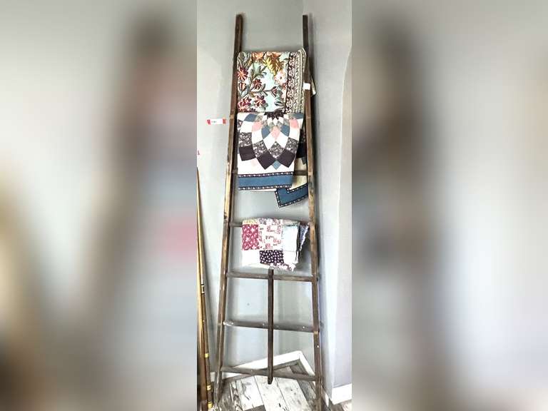 DEN…Three custom quilts with quilt rack fashioned from a vintage wooden ladder, see pictures for details. image