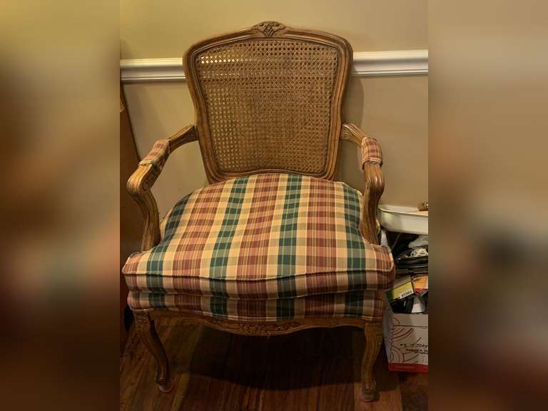 VINTAGE CANE BACK ARMCHAIR WITH UPHOLSTERED SEAT 24" WIDE X 19" DEEP X 36" TALL - DEN image