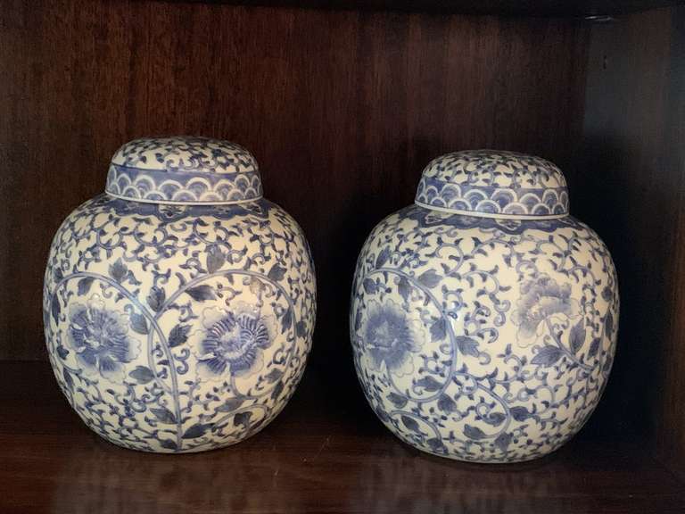 2 BLUE/WHITE PORCELAIN GINGER JARS - LIVING ROOM image