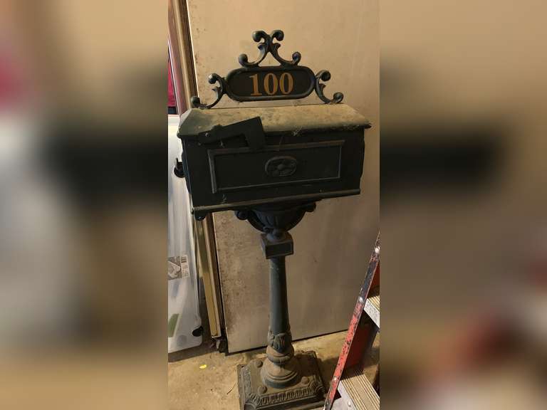 VINTAGE METAL MAILBOX WITH POST 50" TALL X 18" DEEP - GARAGE image