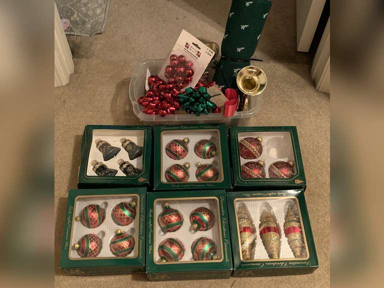 6 BOXES OF UNIQUE GLASS TREE ORNAMENTS & PLASTIC CRATE FULL OF ASSORTED CHRISTMAS ITEMS - UP HALL CLOSET image