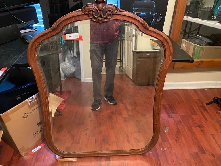 BR1…Beautiful vintage curved mirror with lovely carved crest, see pictures for details. image