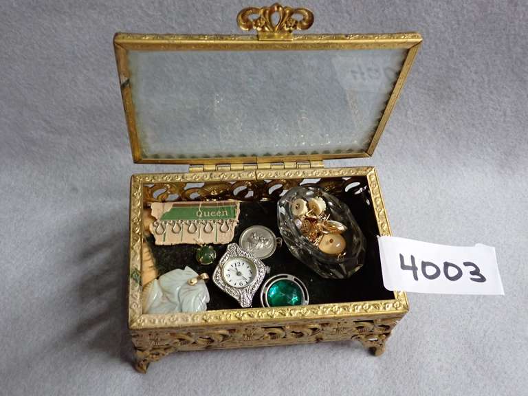 Ornate Metal and Glass Jewelry Box & Estate Jewelry Contents image