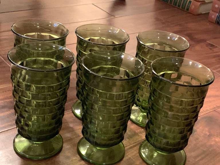 6 VINTAGE AVOCADO GREEN COLONY WHITEHALL CUBIST WATER/ICED TEA GLASSES - LIVING ROOM image