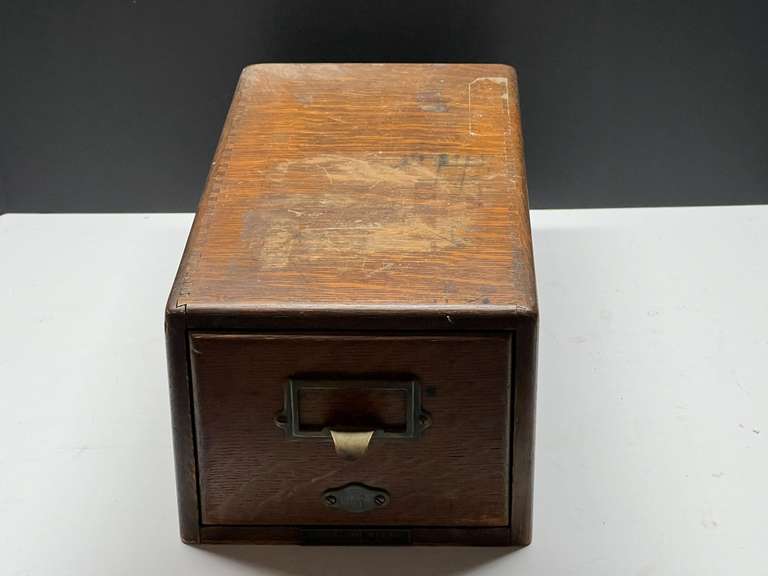DEN…Antique/vintage wooden card catalog drawer, see pictures for details. image