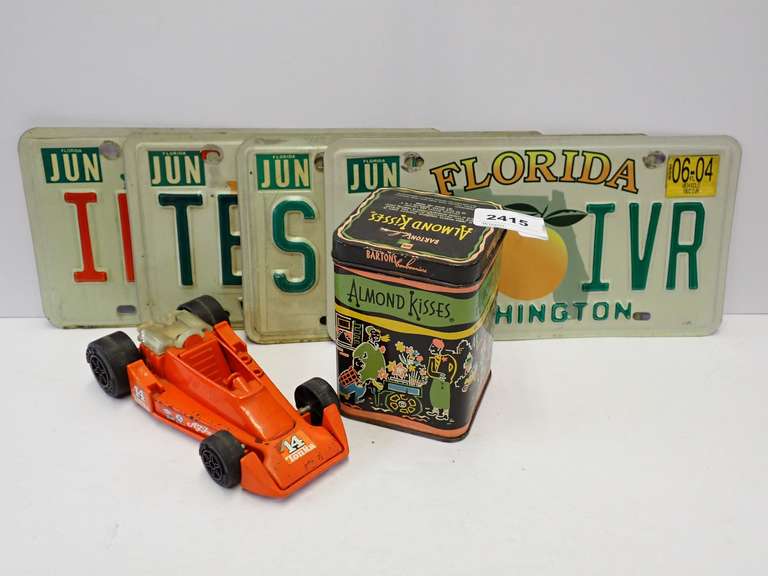 Barton's Bonbonniere Almond Kisses Tin, Tonka Race Car, and Florida License Plates image