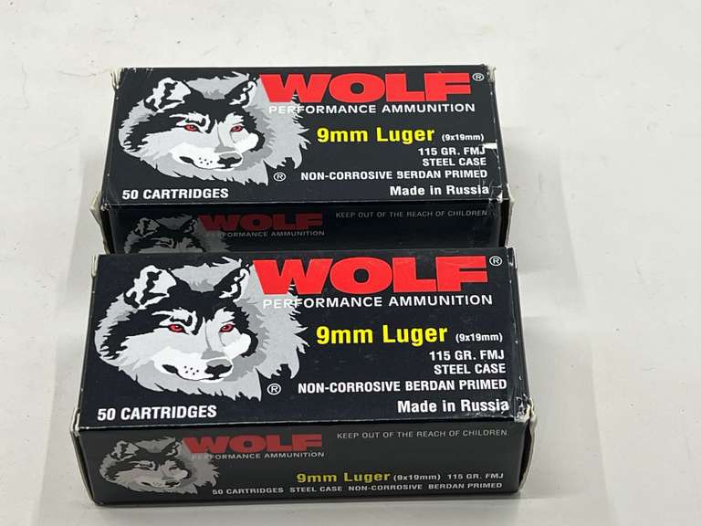 DEN… Wolf 9 mm Luger, 115 grain ammunition. Two boxes, tub is not included, see pictures for details. image