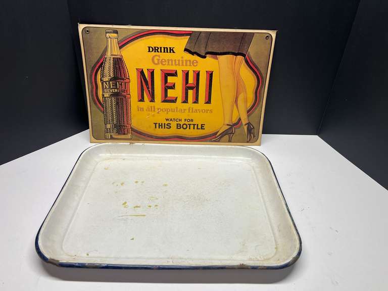 DEN… Vintage enamelware tray, believed to be vintage medical equipment, also includes a vintage Nehi soda cardboard advertising sign, see pictures for details. image