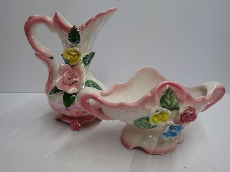 Ceramic Pitcher and Dish Set with Floral Design image