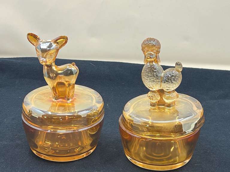 DEN…Vintage powder jars, two pieces, believed to be vintage Jeanette Marigold carnival glass, see pictures for details. image