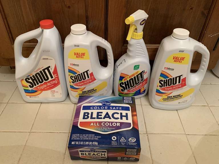 4 BOTTLES OF SHOUT & 1 BOX OF BLEACH (MOST FULL) - UP MASTER BATH image