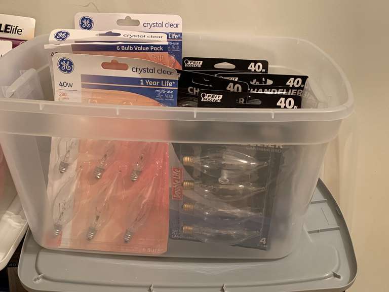 CRATE FULL OF 40 W SMALL BASE CHANDELIER BULBS (10 PACKAGES - TOTAL OF 48 BULBS) - CRATE & LID INCLUDED - UP HALLWAY image