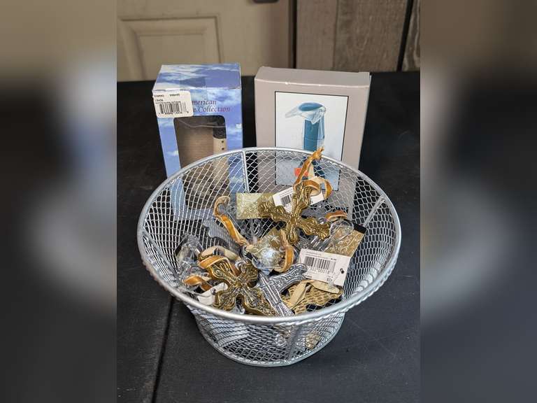 WIRE BASKET FILLED WITH METAL CROSS ORNAMENTS, HIGH-TECH BOOK LIGHT WITH STAND IN ORIGINAL BOX, AND AMERICAN LIGHTHOUSE COLLECTION FIGURINE IN ORIGINAL BOX image