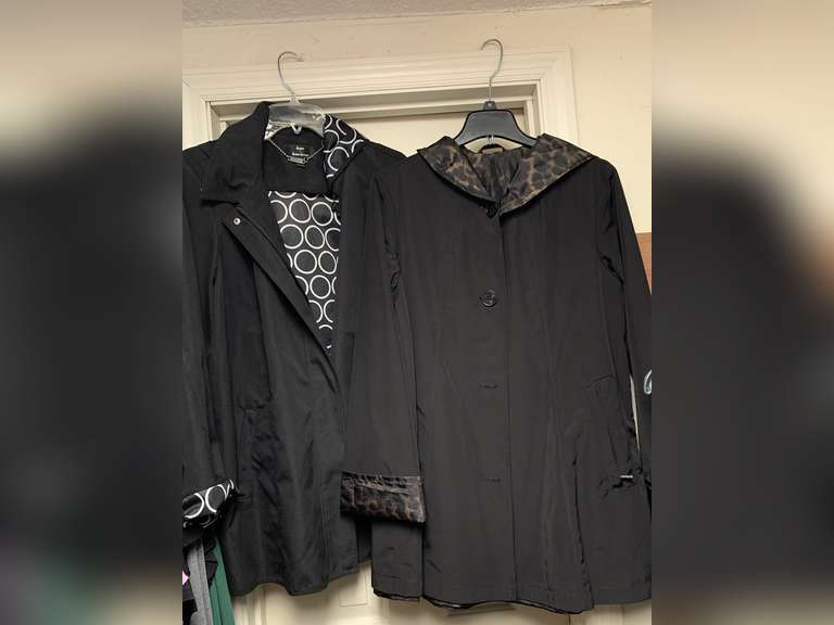2 LADIES COATS - SIZE LARGE (REVERSIBLE RAINCOAT, DENNIS BASSO 3/4 RAIN COAT) - UP MASTER BED image