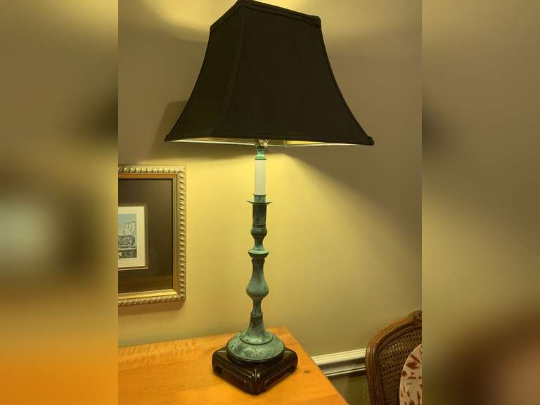 METAL VERDE CANDLESTICK LAMP ON BLACK BASE WITH NICE BLACK SHADE 28" TALL image