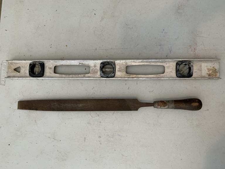 VINTAGE LONG WOOD HANDLE FILE & LEVEL - GARAGE image