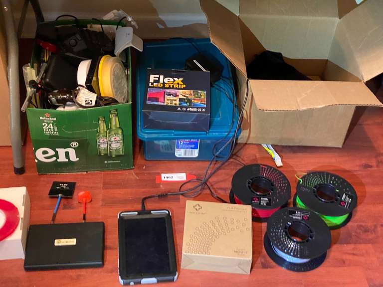 BR1…Large mystery lot of assorted items to include LED light strips, New Matter filament, clamp lights, frog tape, glue sticks, Razer Orbweaver chroma gaming keypad, working condition unknown, home decor, and much more. See pictures for details. image